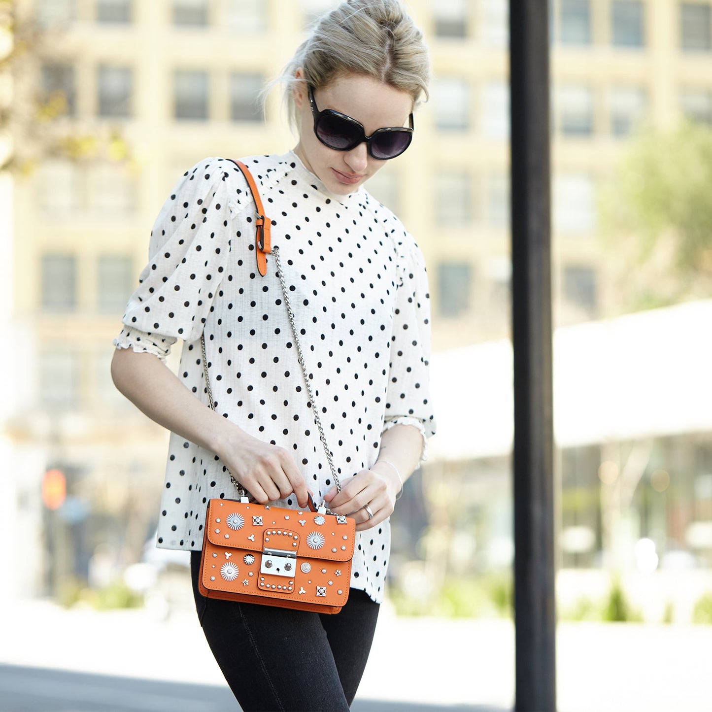 SUSU Studded Small Leather Crossbody Bag Orange Purse Cute Handbag