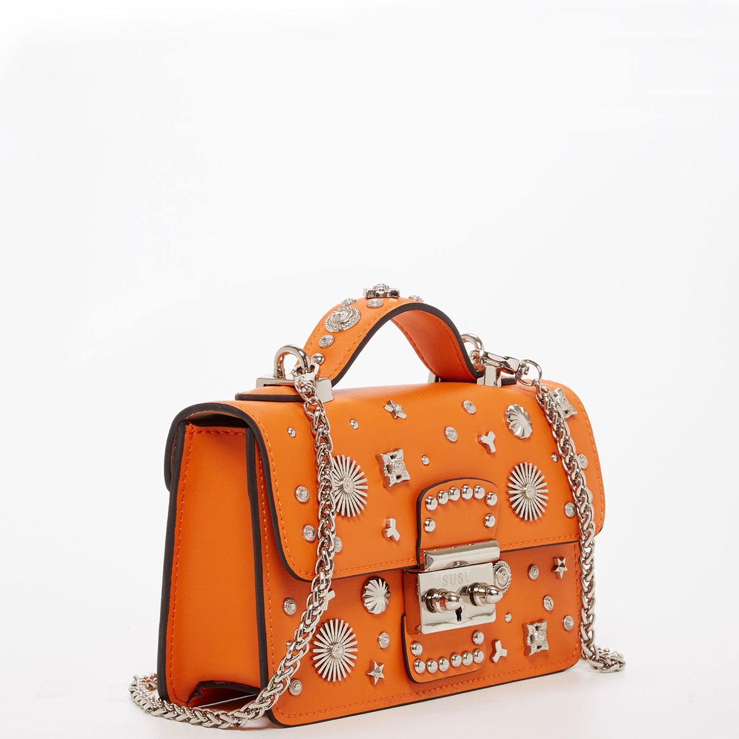 SUSU Studded Small Leather Crossbody Bag Orange Purse Cute Handbag